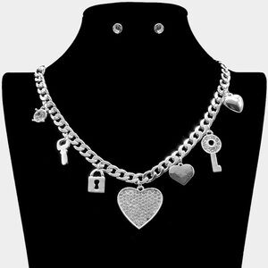 Silver lock and key heart pendant chain link fashion necklace